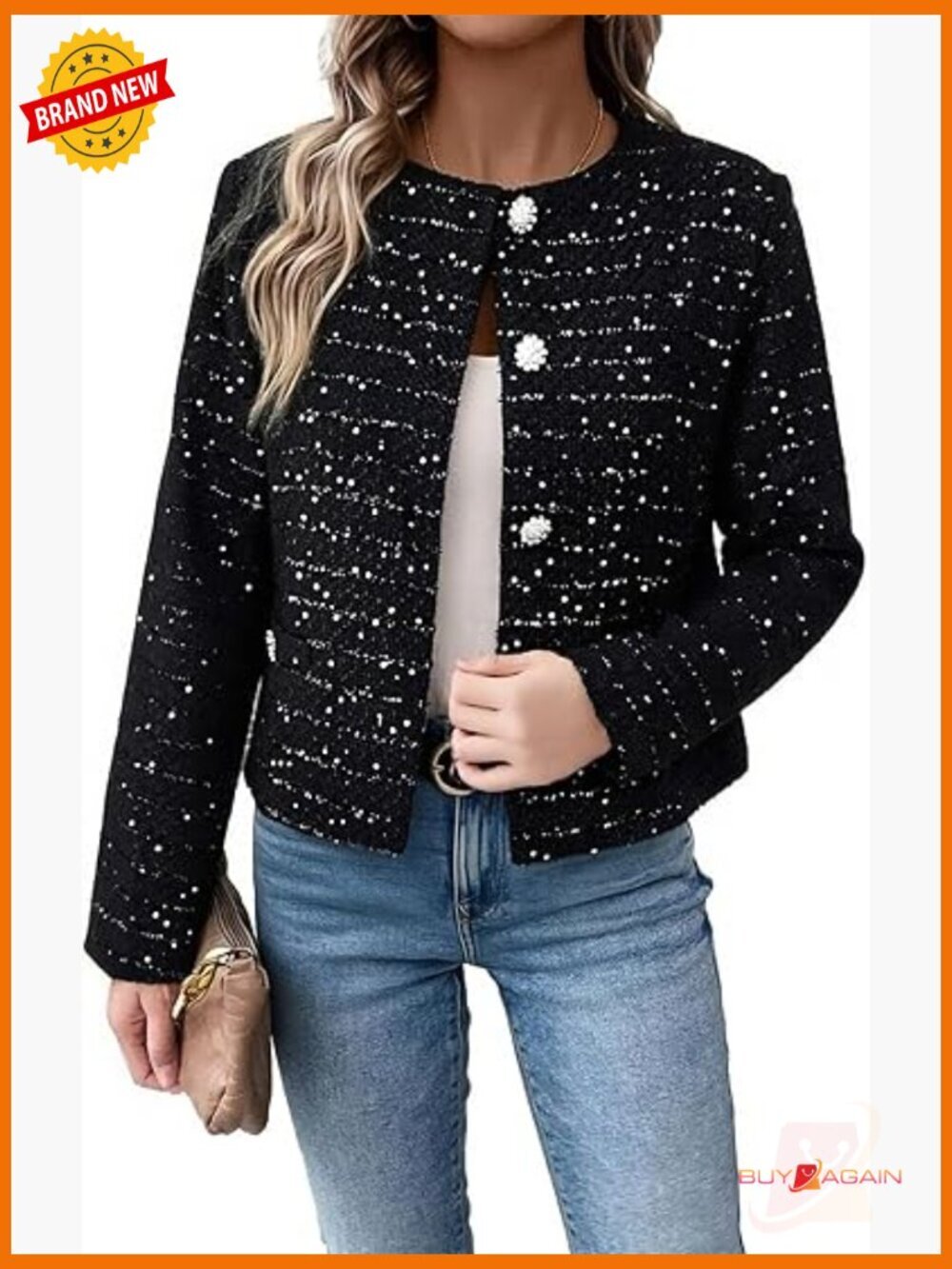 Short Tweed Sequin Blazer Round Neck Sparkly Jacket Casual Blazer